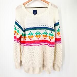 American Eagle Fair Isle Sweater XL Cream Chunky Knit Cozy Legging Holiday Neon